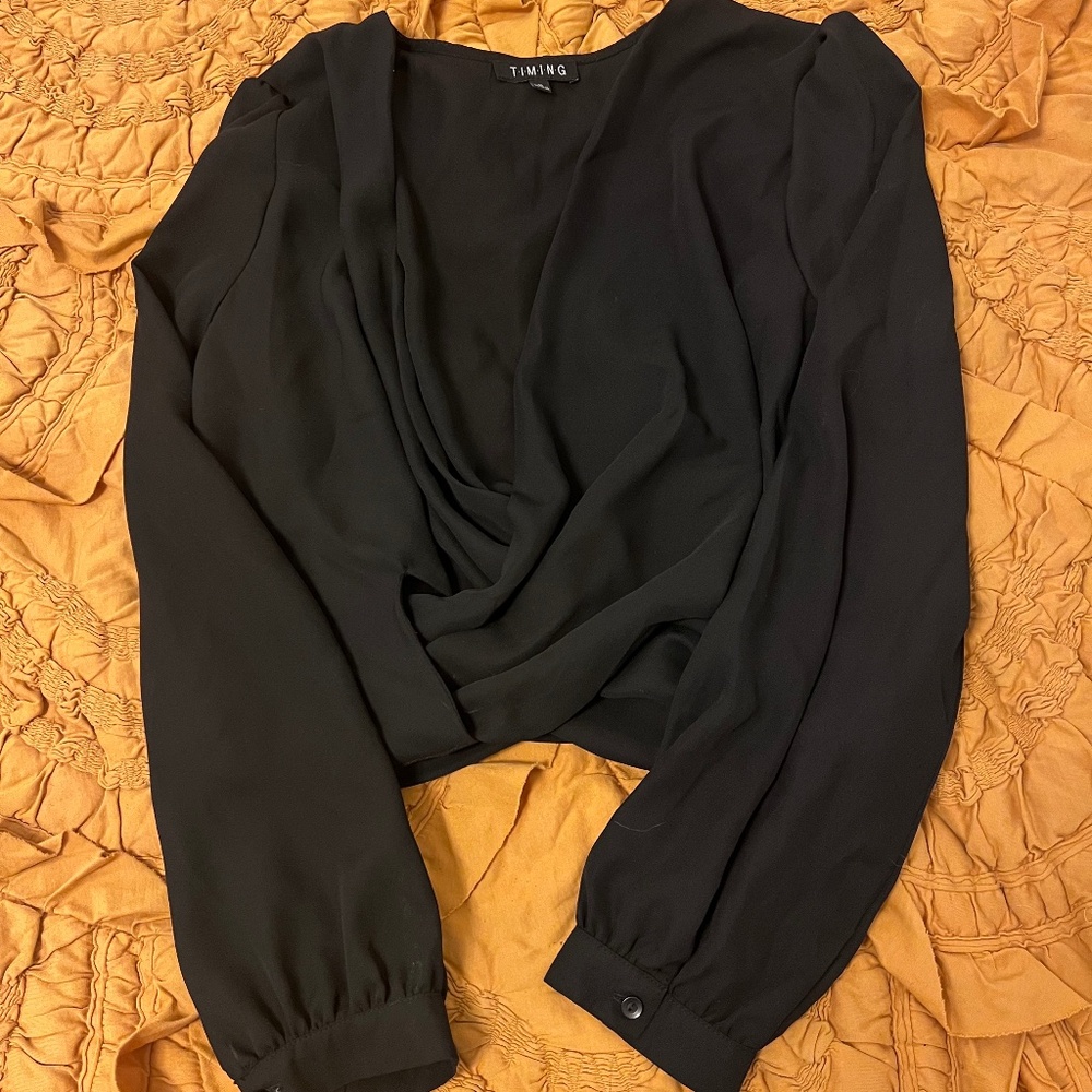 Black Long Sleeve Surplice Blouse